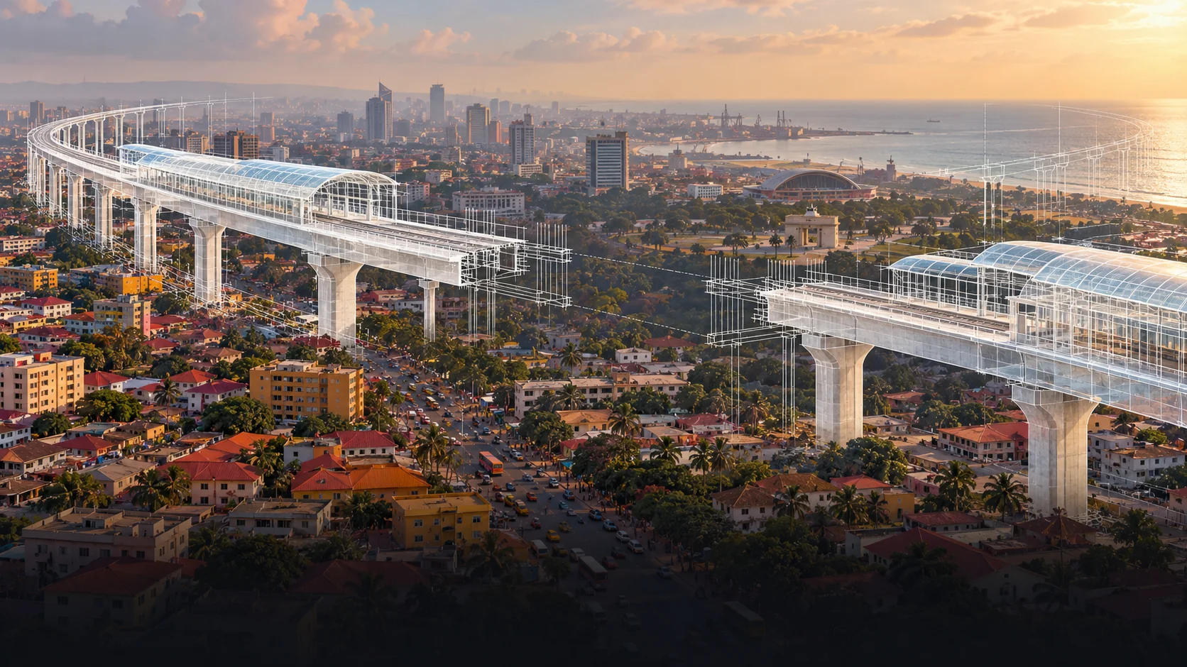 Une voie ferrée imaginaire se dissout au-dessus d’une ville inspirée d’Accra : illustration d’un projet non construit.