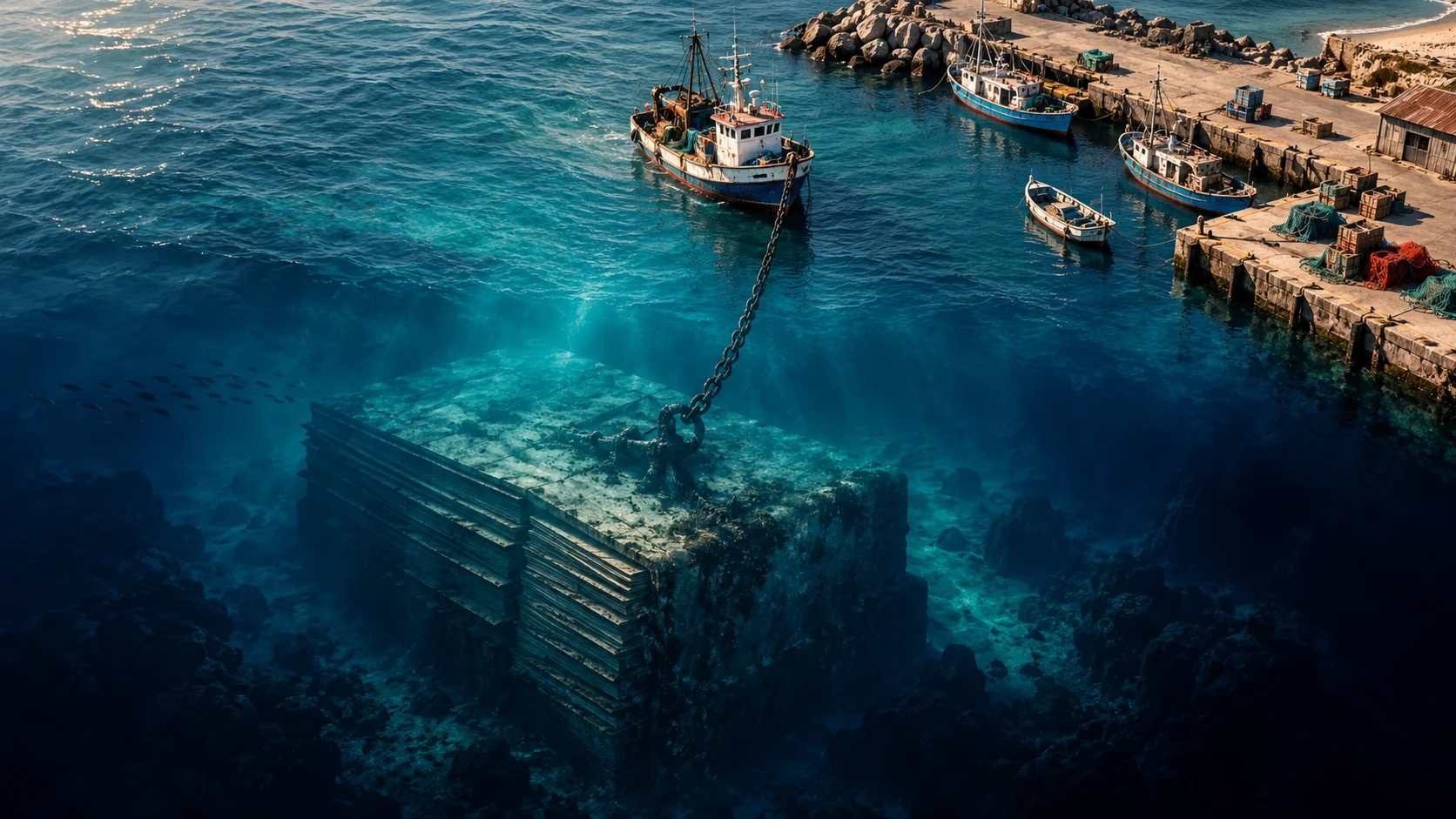 Conceptual illustration of fishing boats chained to a submerged ledger, symbolising hidden public debt.
