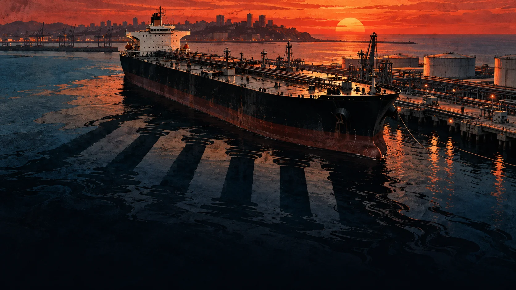 Editorial illustration of an oil tanker and courthouse-like shadows in an Angolan harbour.