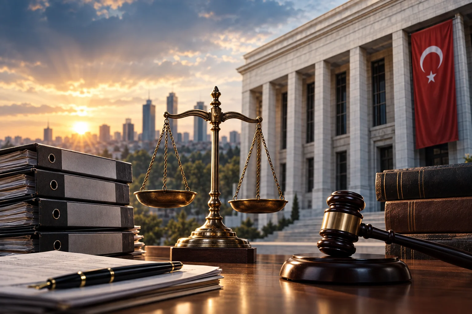 Balance de la justice, dossiers judiciaires et drapeau turc dans une illustration éditoriale