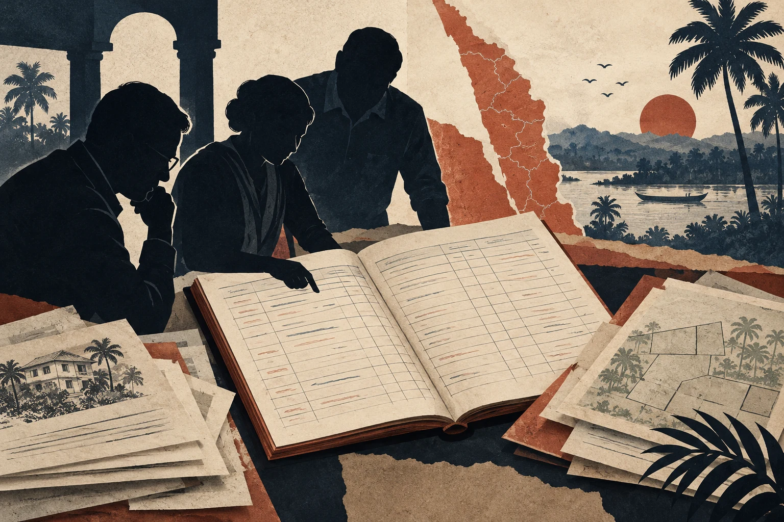 Illustration symbolique d’un registre de prêts coopératifs, de documents immobiliers et de silhouettes de palmiers