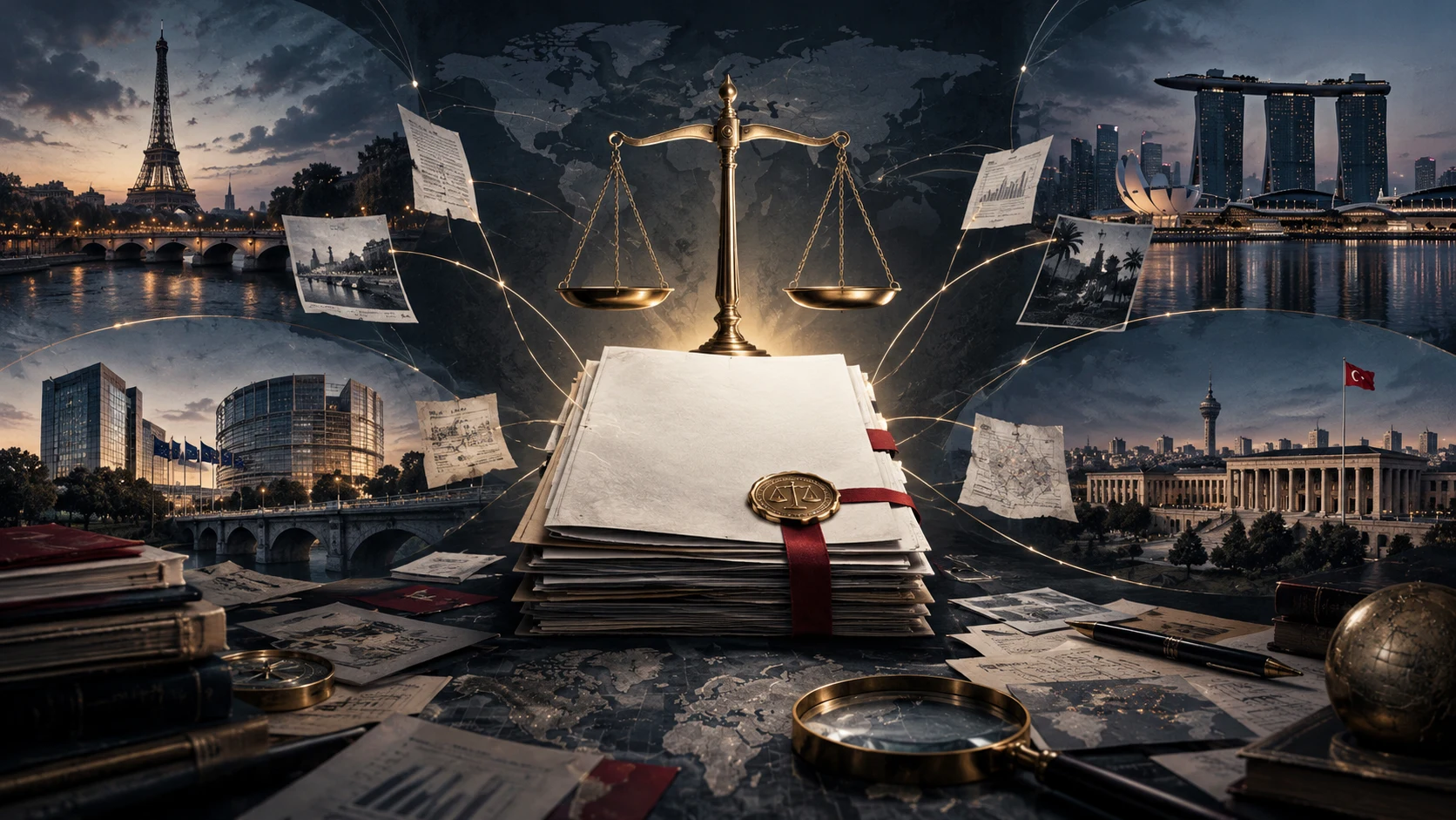 Conceptual illustration of documents, balanced scales of justice and links between Paris, Luxembourg, Singapore and Ankara