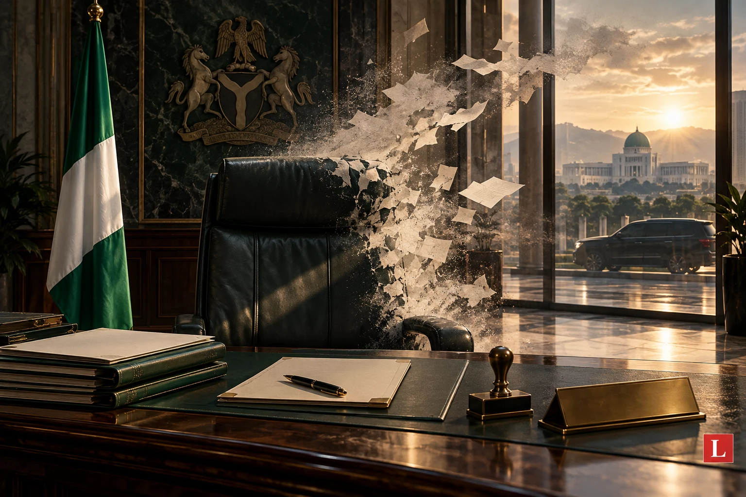 Symbolic illustration of an empty government office with a dissolving chair and the Nigerian flag