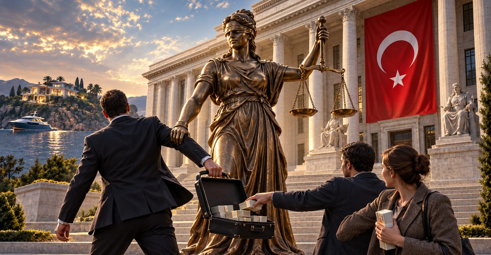 Illustration éditoriale sur la justice, la restitution des actifs et le drapeau turc
