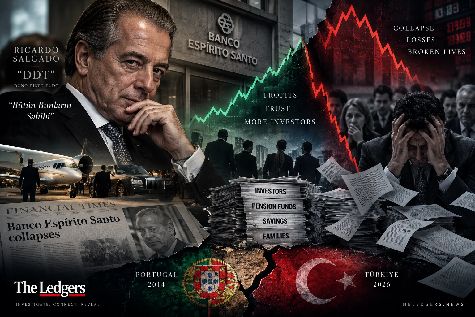 Editorial collage depicting Ricardo Salgado, Banco Espírito Santo and a fund-market collapse