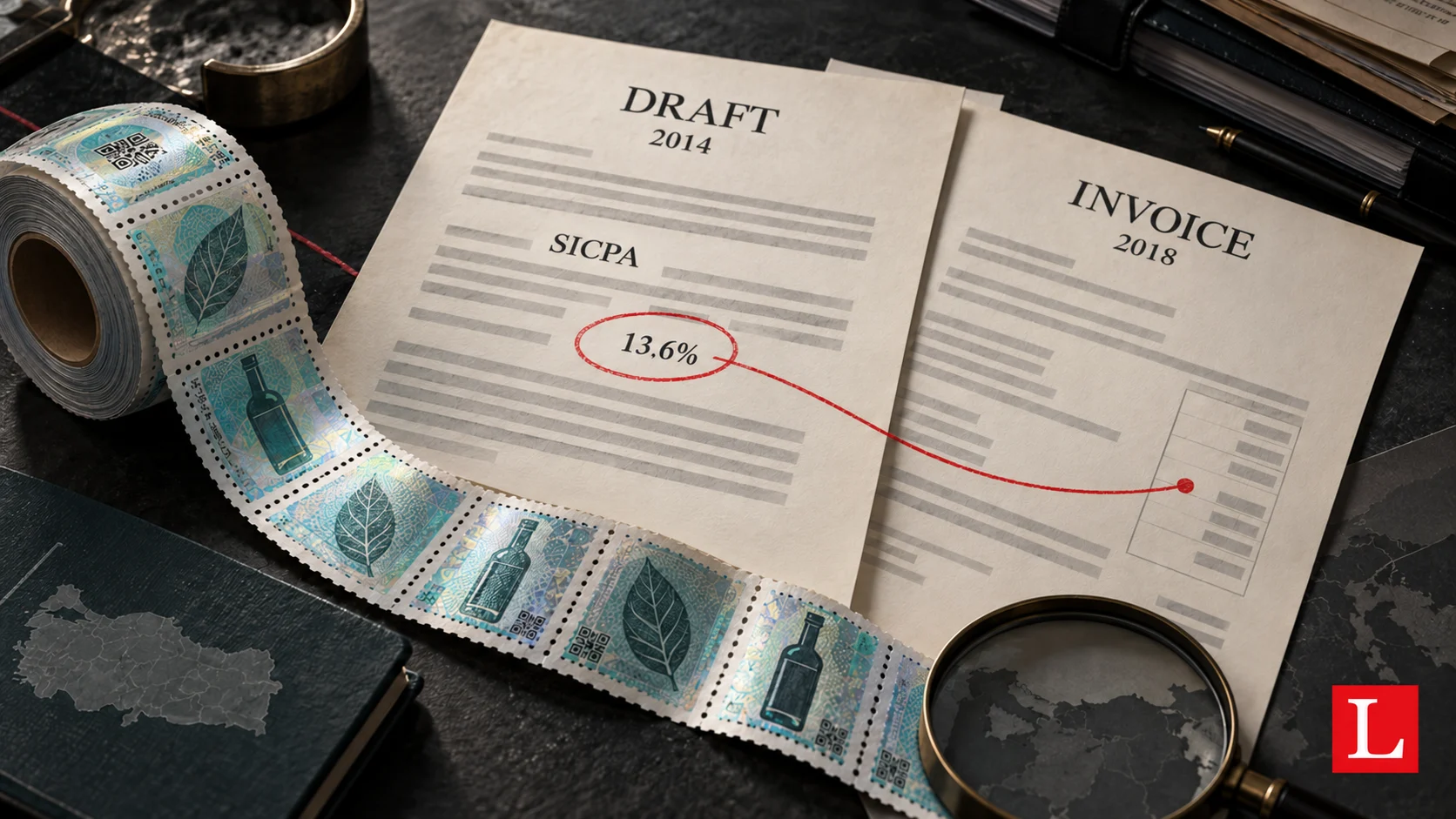 Illustration connecting a 2014 consultancy draft to a 2018 invoice and tax stamps