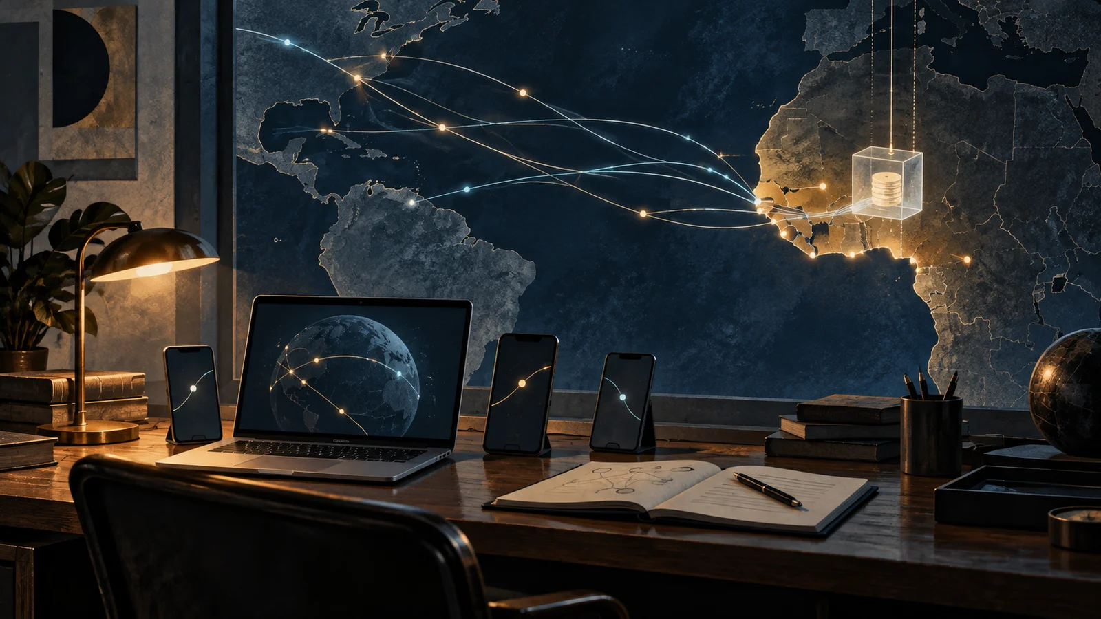 Conceptual illustration of devices and financial traces across the Atlantic; routes are symbolic